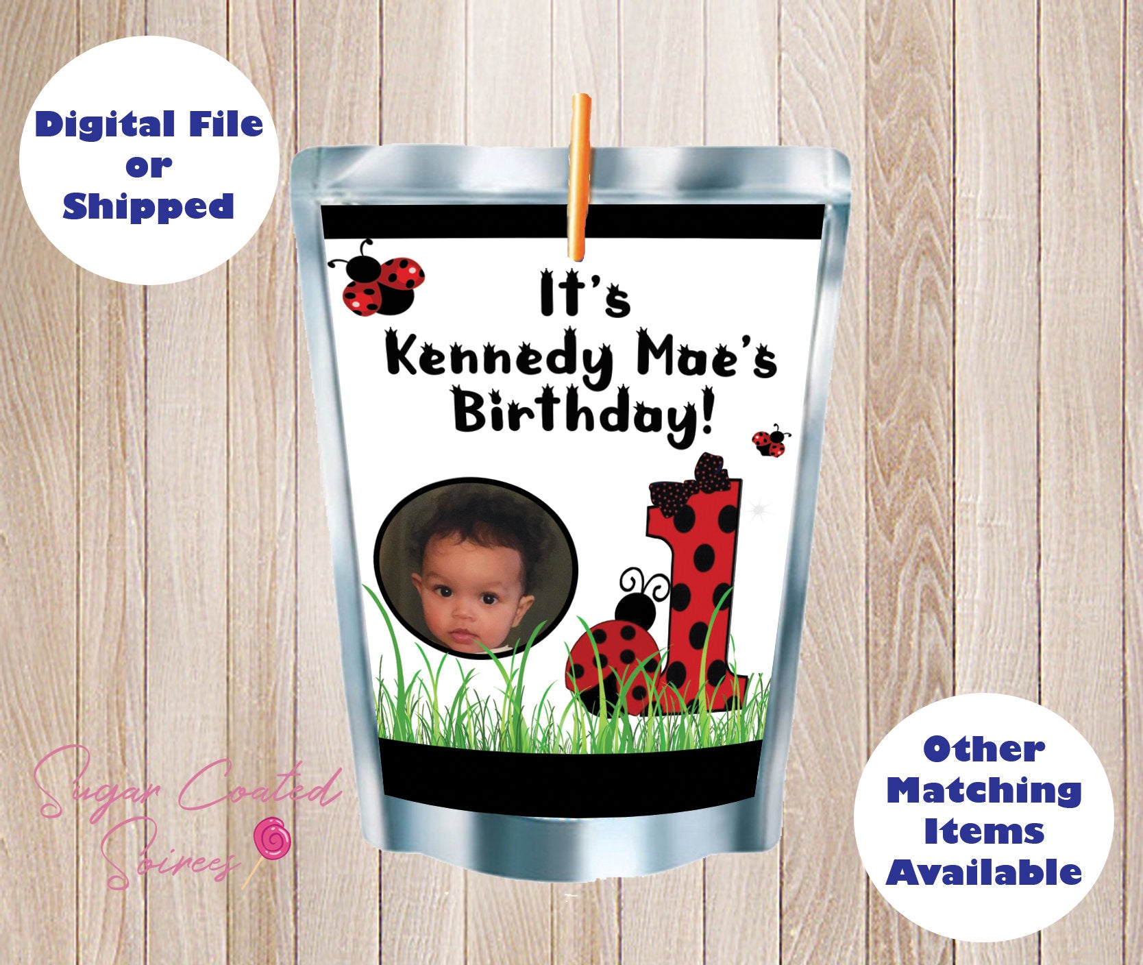 SHIPPED PRINTED Lady Bug First 1st Birthday Spring Garden Personalized Capri Sun Juice Label, Birthday Party, Party Favor, DIYst