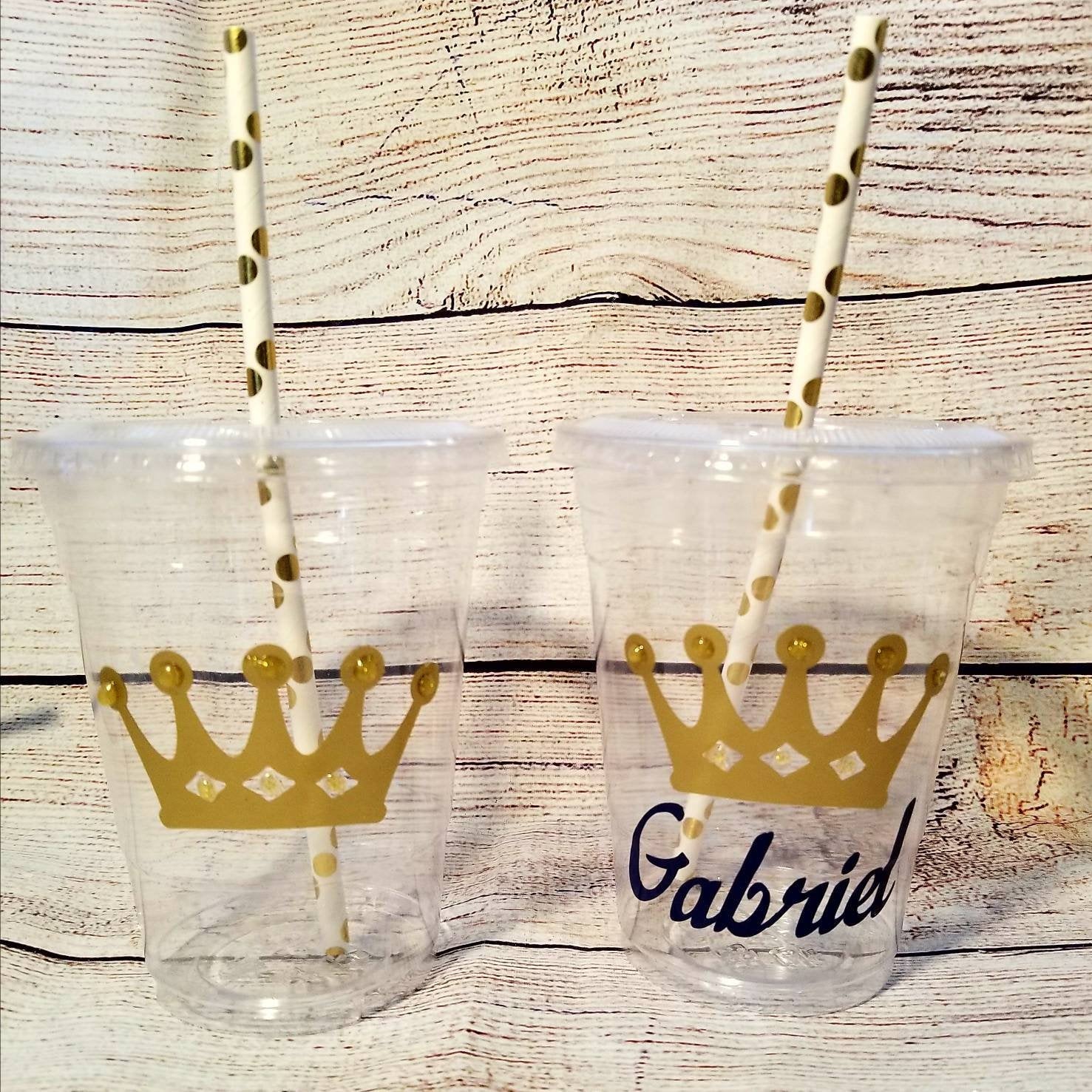 Royal Baby Prince Princess Gold Crown Personalized Babyshower Party Cups, 16oz Plastic Cups w/ straw and lid, Birthday decor, tableware