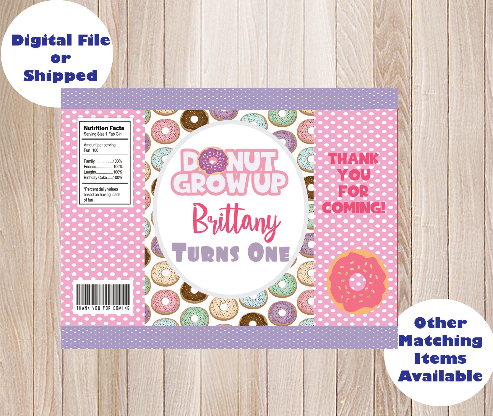 SHIPPED PRINTED Donut Grow Up First Birthday, 1st Birthday, Doughnut Party Birthday chip / treat / party / favor / goodie / candy bag