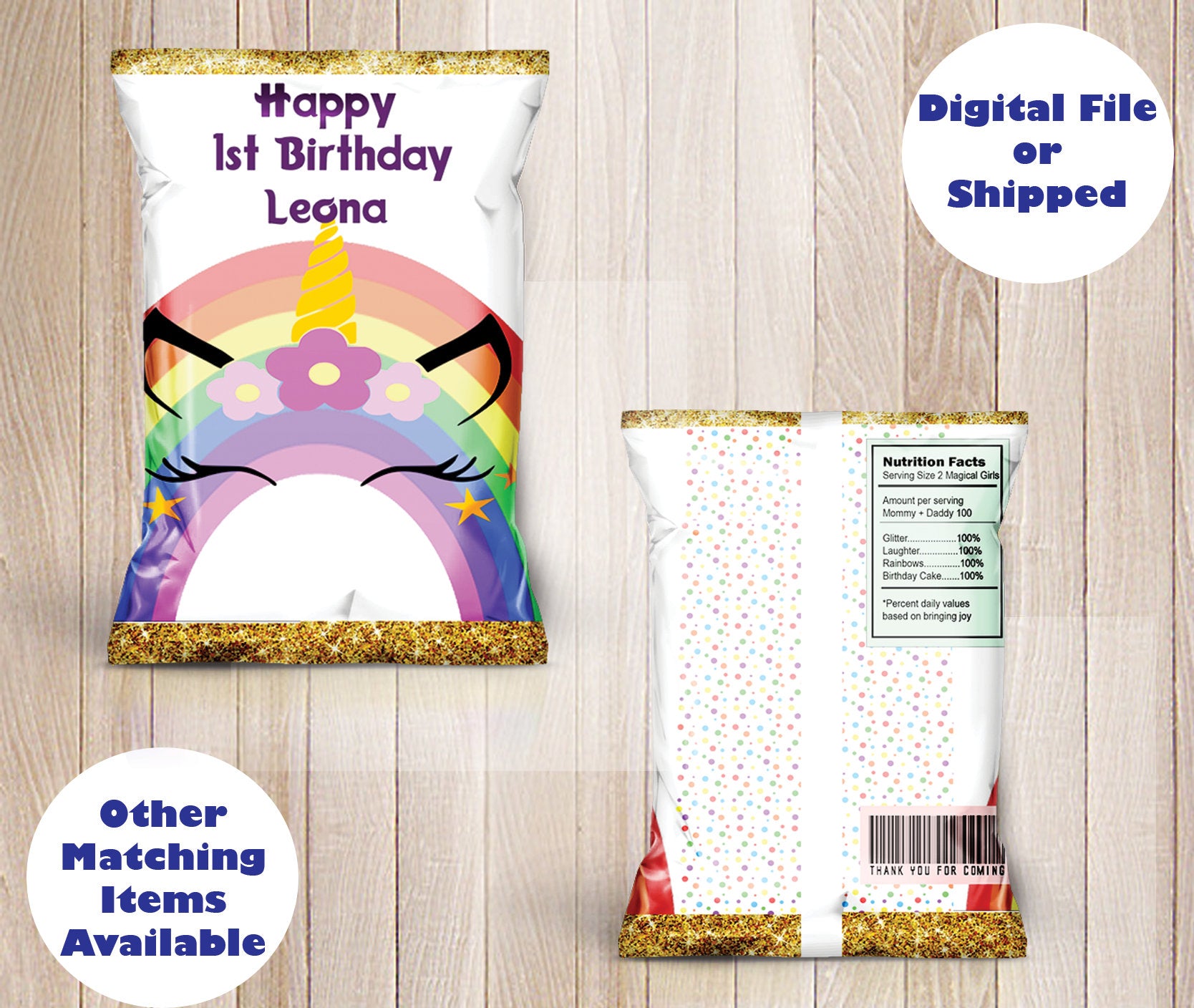 Rainbow Unicorn chip bag / treat / party  / Birthday/ Baby Shower / Goodie / Goody / favor bag