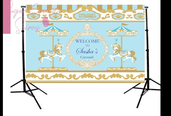 Printed Carousel backdrop, Blue carousel birthday, Blue Carousel party, blue carousel supplies, 3x5ft 5x7ft 8x10ft, vinyl backdrop