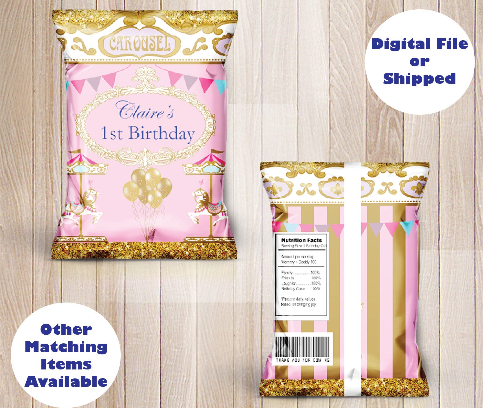 PRINTED SHIPPED Pink Carousel Horse chip bag / treat / party  / Birthday/ Goodie / Goody / Candy / favor bag / Circus / First 1st Birthday