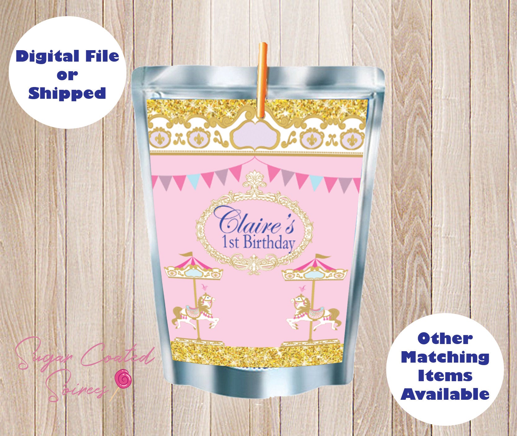 PRINTED and SHIPPED Pink Carousel  first birthday, Girls Party Personalized Capri Sun Juice Pouch Label, Birthday Party, Favor, DIY