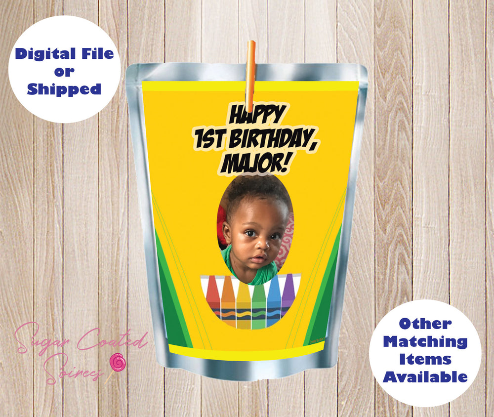 PRINTED and SHIPPED Crayon Box Art Party first birthday, Personalized Capri Sun Juice Pouch Label, Birthday Party, Favor, DIY