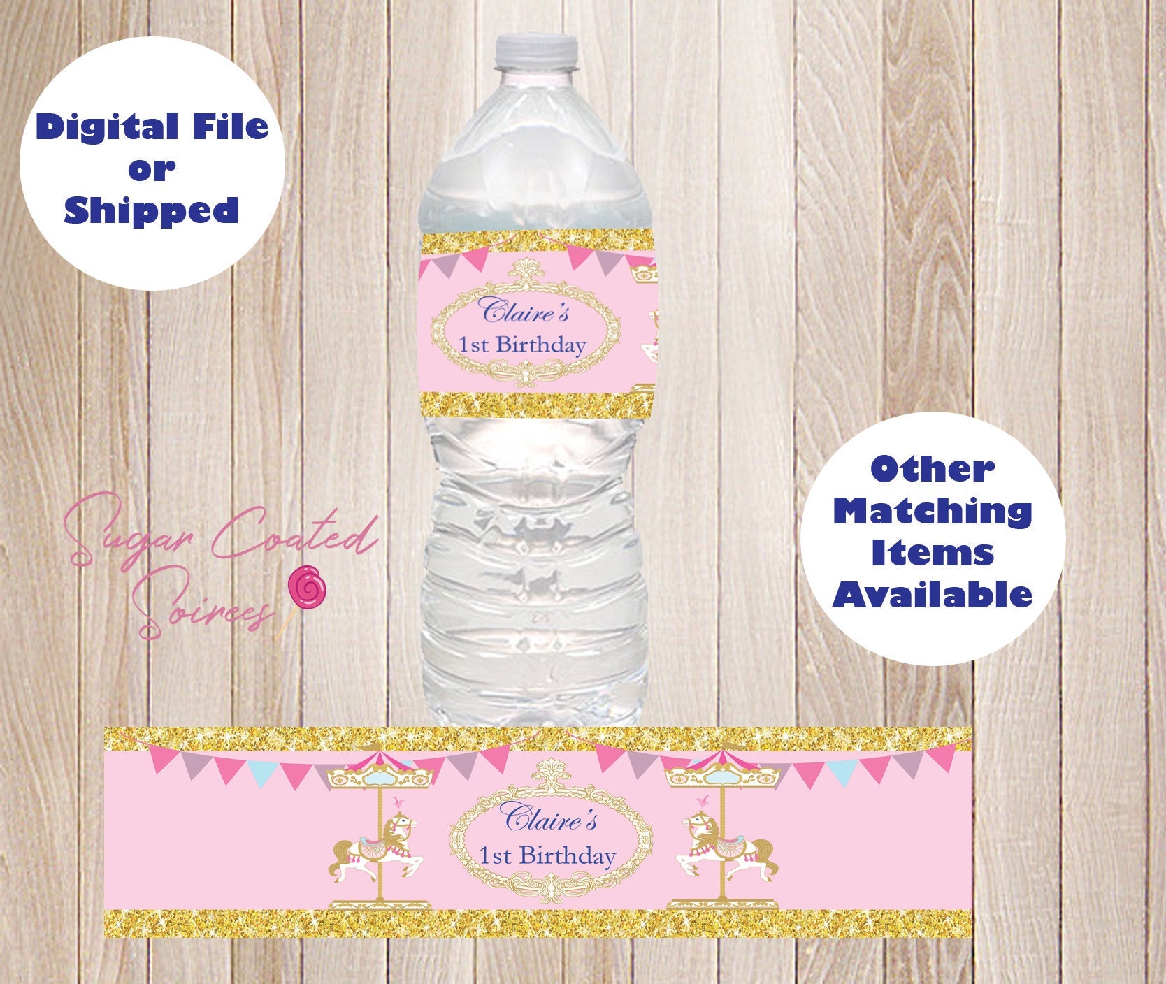 SHIPPED Pink Carousel Personalized Water Bottle Label, Birthday Party Favor DIY