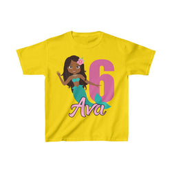 Personalized  African American Mermaid Theme Kids Birthday Party Heavy Youth Cotton Tee, Multiple Colors, Ocean, Sea, Beach