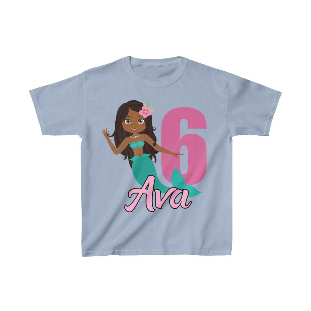Personalized  African American Mermaid Theme Kids Birthday Party Heavy Youth Cotton Tee, Multiple Colors, Ocean, Sea, Beach