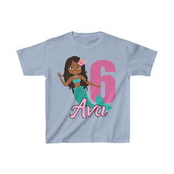 Personalized  African American Mermaid Theme Kids Birthday Party Heavy Youth Cotton Tee, Multiple Colors, Ocean, Sea, Beach