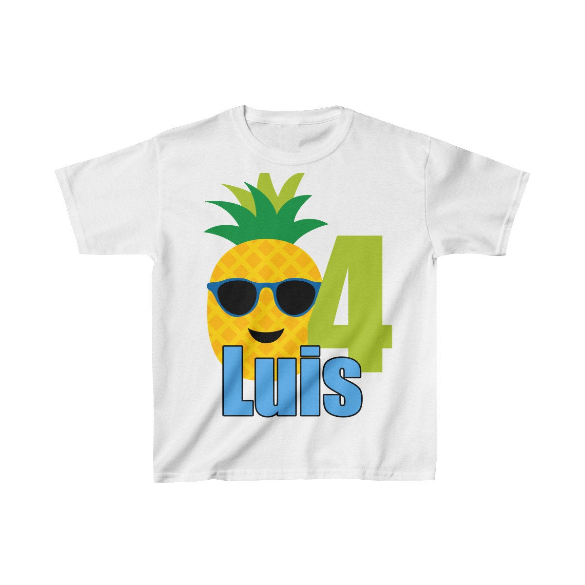 Pineapple with Sunglasses Birthday Shirt, Personalized Kids Birthday Party Shirt, Heavy Youth Cotton Tee, Multiple Colors, Tropical