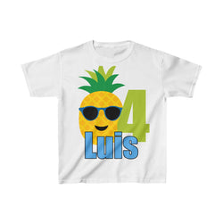 Pineapple with Sunglasses Birthday Shirt, Personalized Kids Birthday Party Shirt, Heavy Youth Cotton Tee, Multiple Colors, Tropical