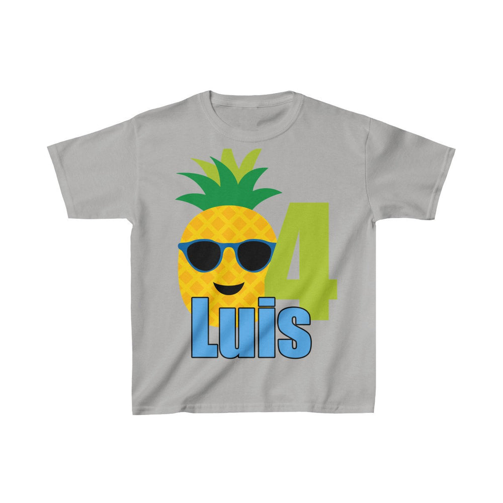 Pineapple with Sunglasses Birthday Shirt, Personalized Kids Birthday Party Shirt, Heavy Youth Cotton Tee, Multiple Colors, Tropical