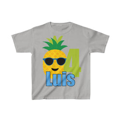 Pineapple with Sunglasses Birthday Shirt, Personalized Kids Birthday Party Shirt, Heavy Youth Cotton Tee, Multiple Colors, Tropical