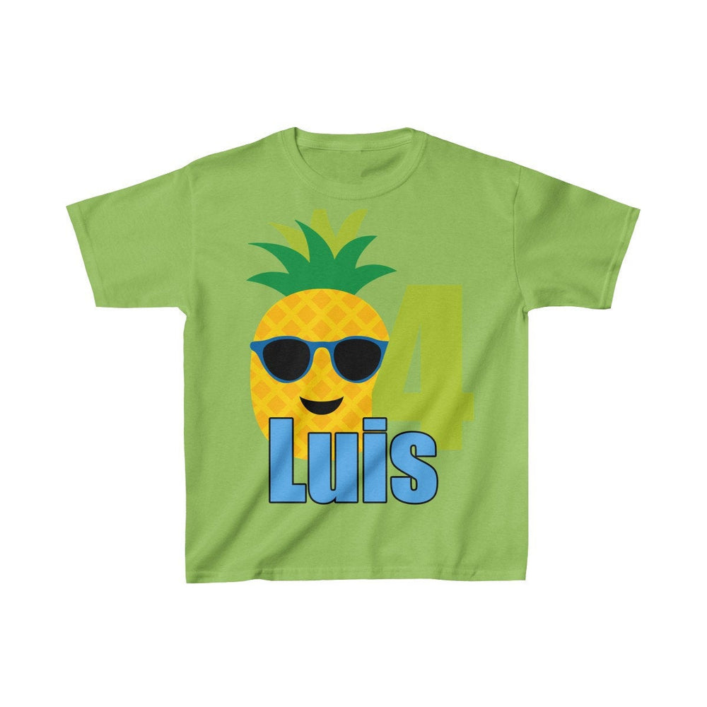 Pineapple with Sunglasses Birthday Shirt, Personalized Kids Birthday Party Shirt, Heavy Youth Cotton Tee, Multiple Colors, Tropical