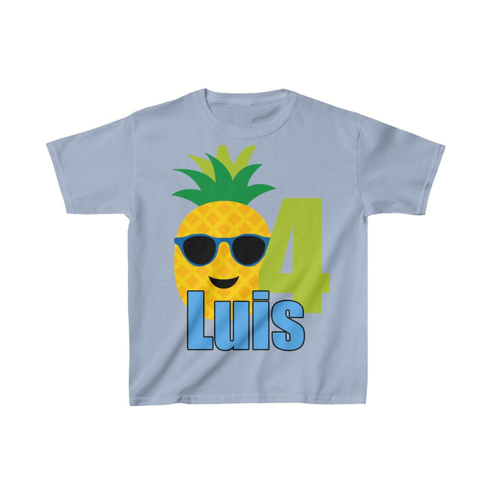 Pineapple with Sunglasses Birthday Shirt, Personalized Kids Birthday Party Shirt, Heavy Youth Cotton Tee, Multiple Colors, Tropical