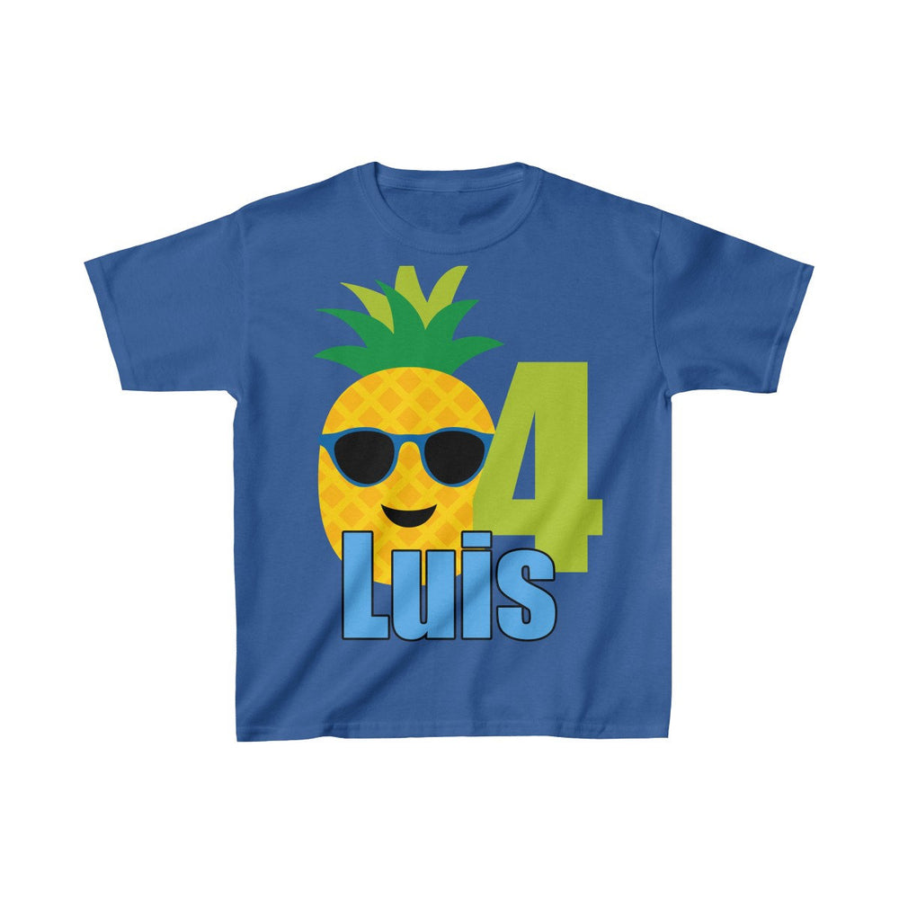Pineapple with Sunglasses Birthday Shirt, Personalized Kids Birthday Party Shirt, Heavy Youth Cotton Tee, Multiple Colors, Tropical
