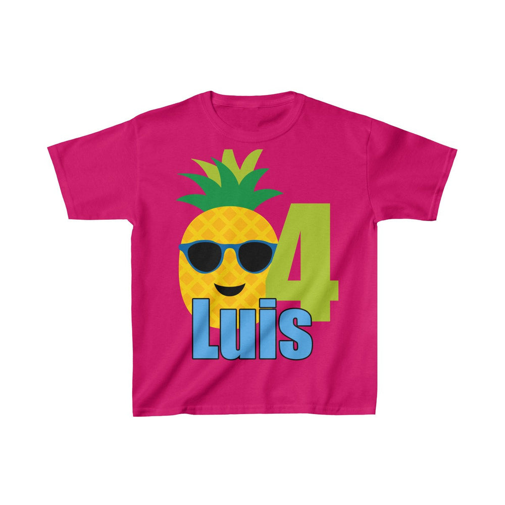 Pineapple with Sunglasses Birthday Shirt, Personalized Kids Birthday Party Shirt, Heavy Youth Cotton Tee, Multiple Colors, Tropical