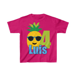 Pineapple with Sunglasses Birthday Shirt, Personalized Kids Birthday Party Shirt, Heavy Youth Cotton Tee, Multiple Colors, Tropical