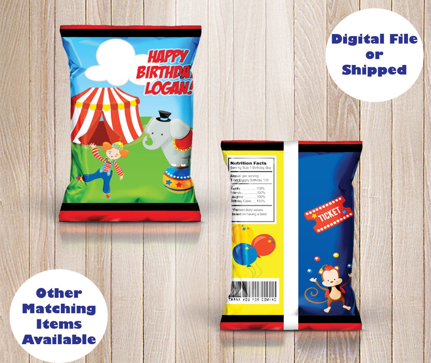 PRINTED SHIPPED Circus Cown Carnival chip bag / treat / party  / Birthday  / Goodie / Goody / favor bag