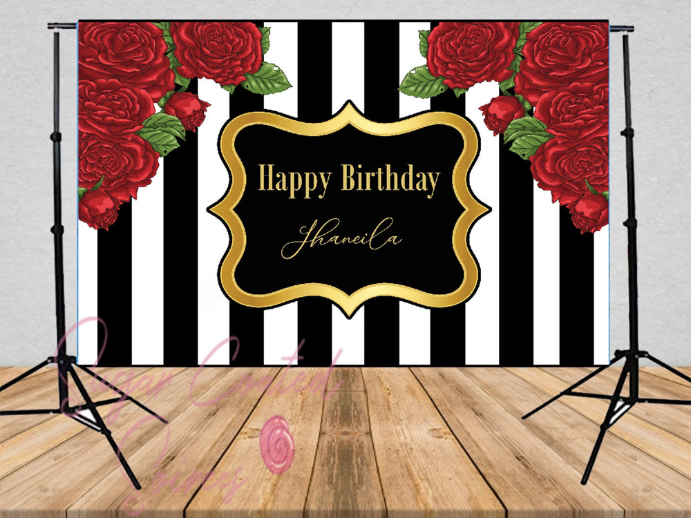 Printed Red Rose Backdrop, Black and white striped, babyshower backdrop, floral backdrop Birthday Vinyl Backdrop 3x5ft 5x7ft 8x10ft
