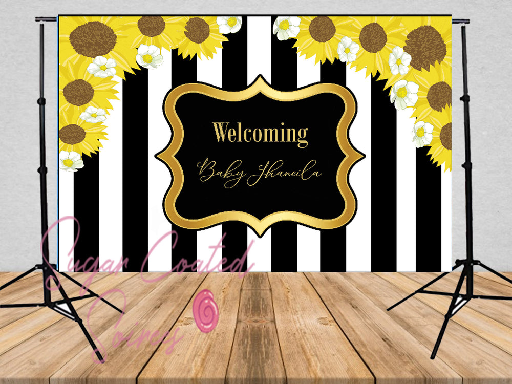 Printed Sunflower Backdrop, Black and white striped, babyshower backdrop, floral backdrop Birthday Vinyl Backdrop 3x5ft 5x7ft 8x10ft