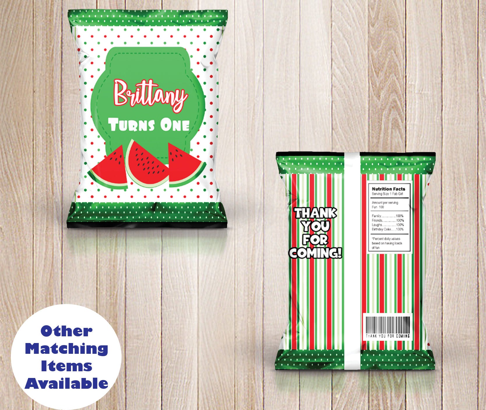 Red Watermelon  chip bag, One in a Melon Party, Watermelon Party, Watermelon Birthday, Summer Birthday Party