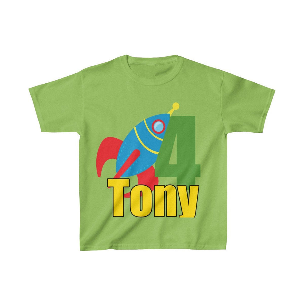 Personalized Rocket Ship Outer Space Theme Kids Birthday Party Heavy Youth Cotton Tee, Multiple Colors