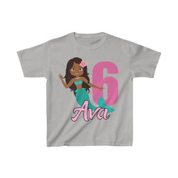 Personalized  African American Mermaid Theme Kids Birthday Party Heavy Youth Cotton Tee, Multiple Colors, Ocean, Sea, Beach