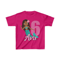 Personalized  African American Mermaid Theme Kids Birthday Party Heavy Youth Cotton Tee, Multiple Colors, Ocean, Sea, Beach