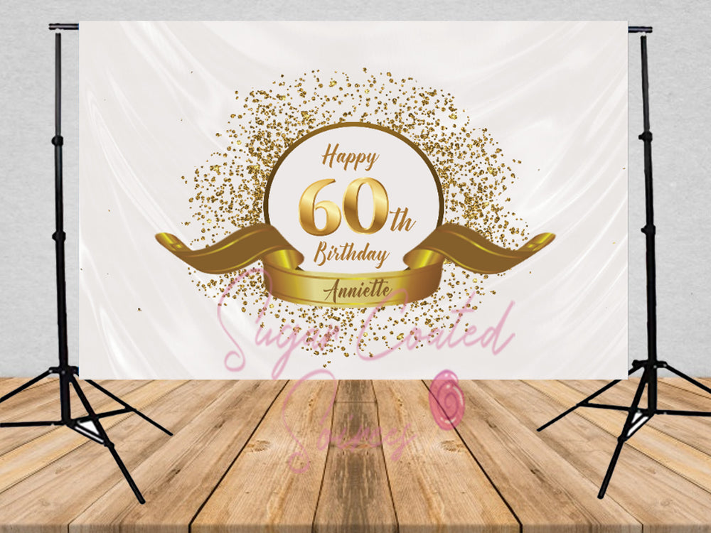 PRINTED 70th Birthday backdrop. white and Gold backdrop, Gold Glitter Backdrop, 50th birthday, 60th birthday, 80th birthday, white backdrop