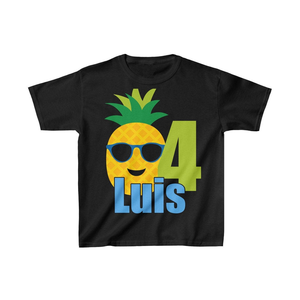 Pineapple with Sunglasses Birthday Shirt, Personalized Kids Birthday Party Shirt, Heavy Youth Cotton Tee, Multiple Colors, Tropical