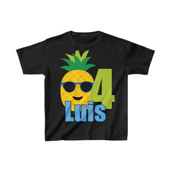 Pineapple with Sunglasses Birthday Shirt, Personalized Kids Birthday Party Shirt, Heavy Youth Cotton Tee, Multiple Colors, Tropical