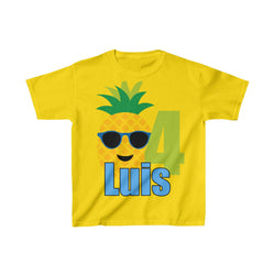 Pineapple with Sunglasses Birthday Shirt, Personalized Kids Birthday Party Shirt, Heavy Youth Cotton Tee, Multiple Colors, Tropical