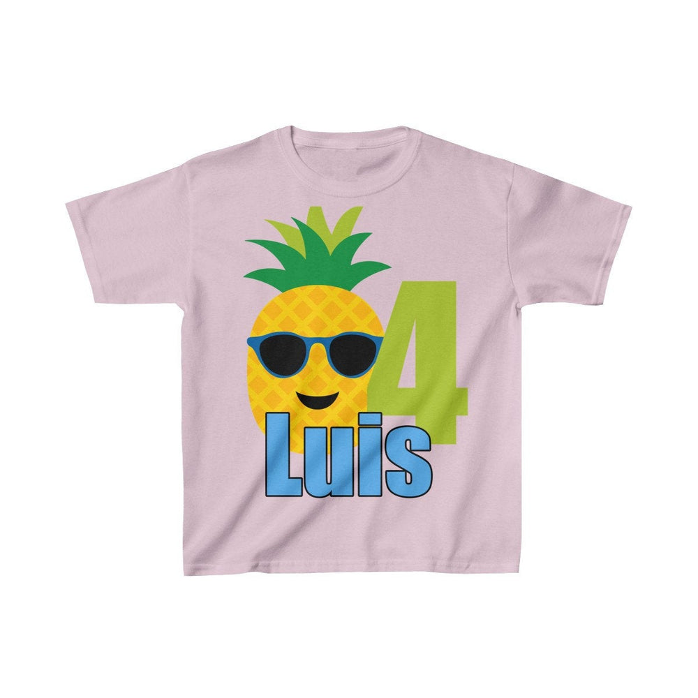Pineapple with Sunglasses Birthday Shirt, Personalized Kids Birthday Party Shirt, Heavy Youth Cotton Tee, Multiple Colors, Tropical