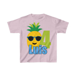 Pineapple with Sunglasses Birthday Shirt, Personalized Kids Birthday Party Shirt, Heavy Youth Cotton Tee, Multiple Colors, Tropical