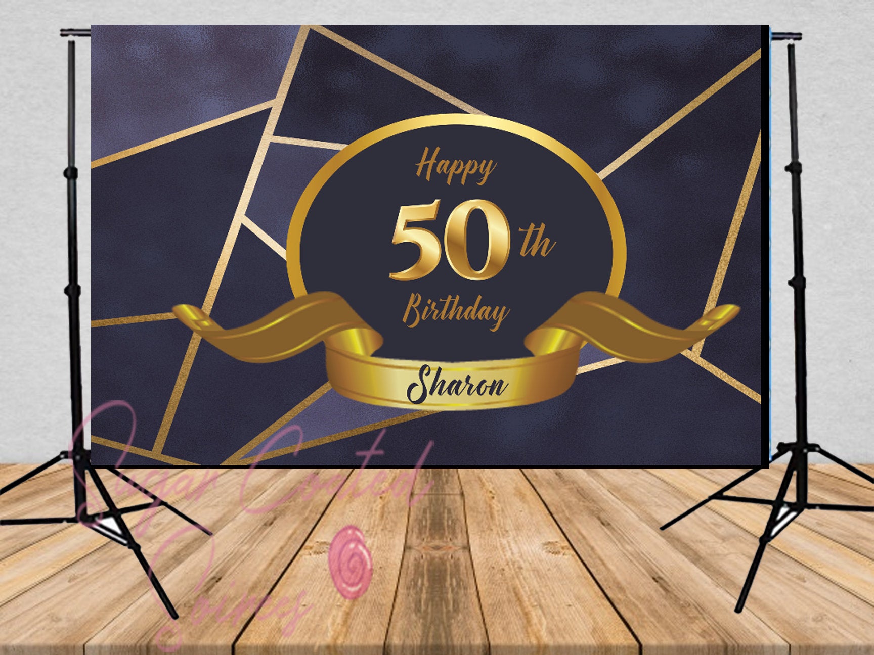 Printed Navy and gold 50th birthday backdrop, Navy backdrop, Geometric backdrop, blue backdrop, Vinyl Backdrop, 60th, 70th, 80th