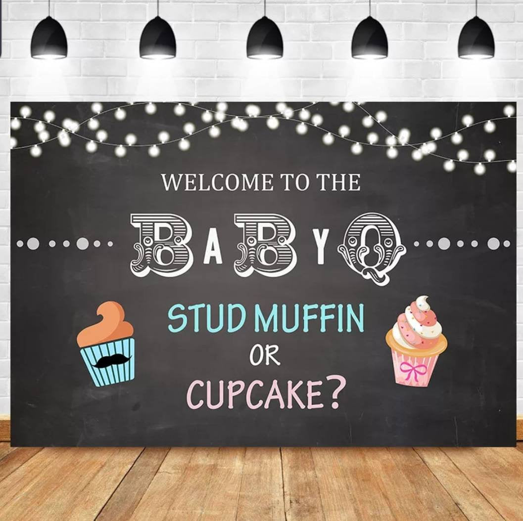 Printed Gender Reveal backdrop, Stud muffin or cupcake gender reveal babyshower, bbq gender reveal party, babyq gender reveal backdrop