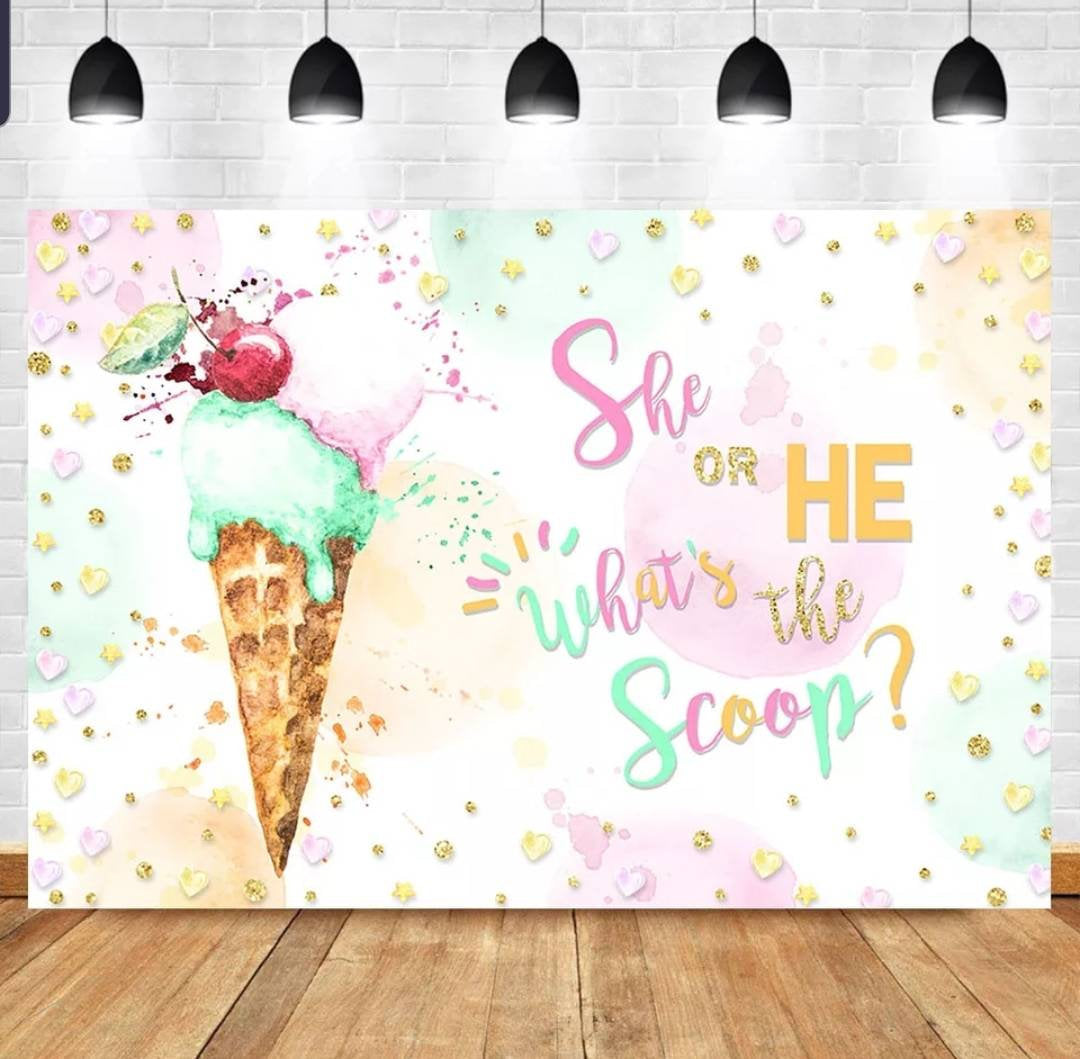 Printed Gender Reveal backdrop, Whats the Scoop gender reveal babyshower, Icecream gender reveal party, Scoop gender reveal backdrop