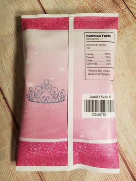 Digital Printable Pink Glitter Sparkle Personalized Sweet 16 Birthday Chip / Treat / Party Favor / Candy Bag Download DIY PDF