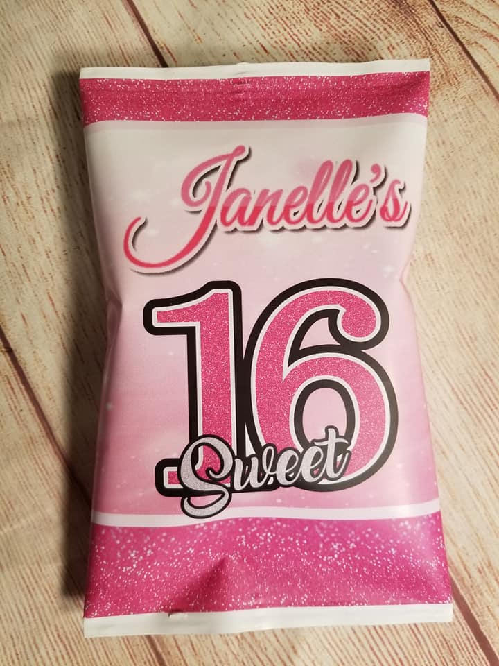 Digital Printable Pink Glitter Sparkle Personalized Sweet 16 Birthday Chip / Treat / Party Favor / Candy Bag Download DIY PDF