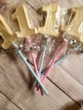 Chocolate first 1st birthday lollipop party treats, turning one, pink, blue