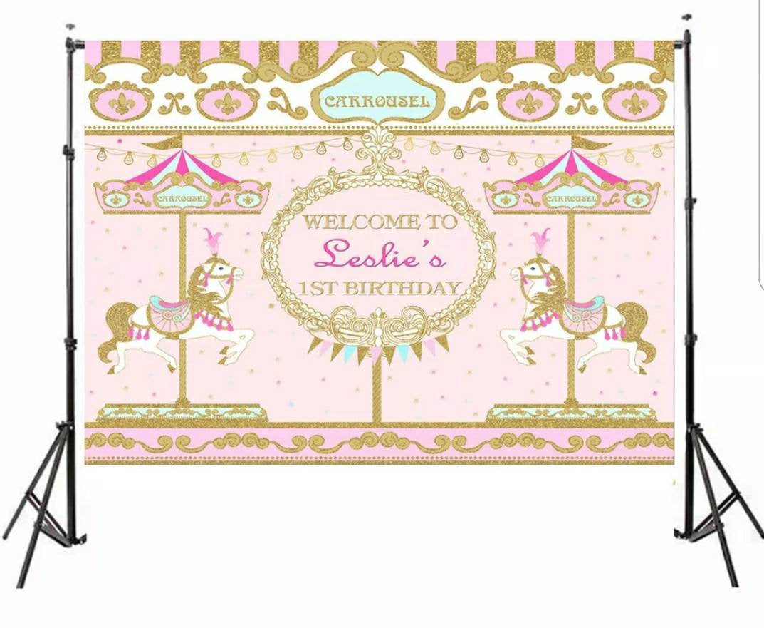 Printed Carousel backdrop, Carousel babyshower, Carousel birthday, Pink Carousel Supplies, Carousel Party, 3x5ft  5x7ft 8x10