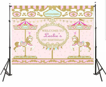 Printed Carousel backdrop, Carousel babyshower, Carousel birthday, Pink Carousel Supplies, Carousel Party, 3x5ft  5x7ft 8x10