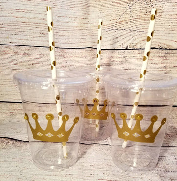 Royal Baby Prince Princess Gold Crown Personalized Babyshower Party Cups, 16oz Plastic Cups w/ straw and lid, Birthday decor, tableware
