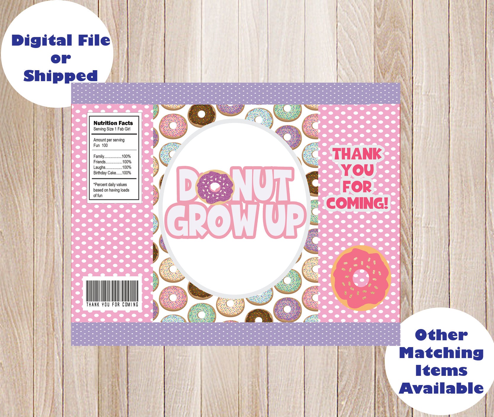 INSTANT DOWNLOAD Donut Grow Up, First Birthday, 1st Birthday Doughnut, chip / treat / party / favor / goodie / candy bag