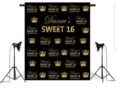 Black Gold Printed Personalized Sweet 16 Sixteen Princess Royal Crown Queen Birthday step and repeat Party Baby Shower Vinyl Backdrop 3x5ft