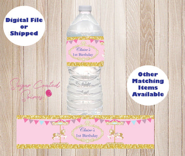 SHIPPED Pink Carousel Personalized Water Bottle Label, Birthday Party Favor DIY