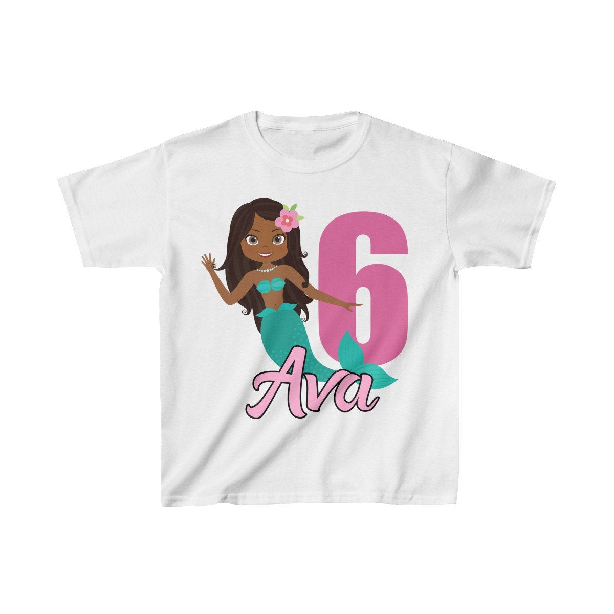 Personalized  African American Mermaid Theme Kids Birthday Party Heavy Youth Cotton Tee, Multiple Colors, Ocean, Sea, Beach