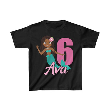 Personalized  African American Mermaid Theme Kids Birthday Party Heavy Youth Cotton Tee, Multiple Colors, Ocean, Sea, Beach
