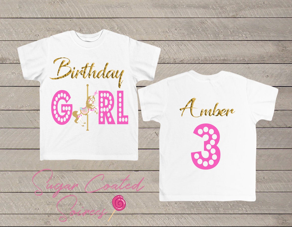 Carp6usel Birthday Girl Tee, Carousel Party, Carousel birthday, Personalized Glitter Birthday Shirt Any Age + Name 1,2,3,4,5   Tshirt Tee