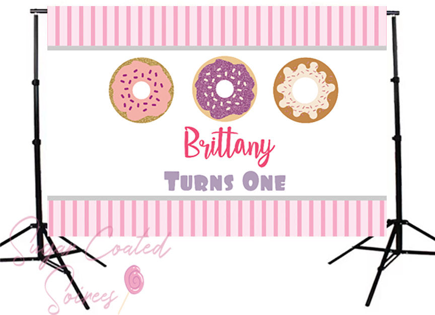 Printed Pink Donut Backdrop, Donut Party, Donut Birthday, Sweets Party, Personalized Birthday Party Vinyl Backdrop 3x5ft  5x7ft 8x10ft